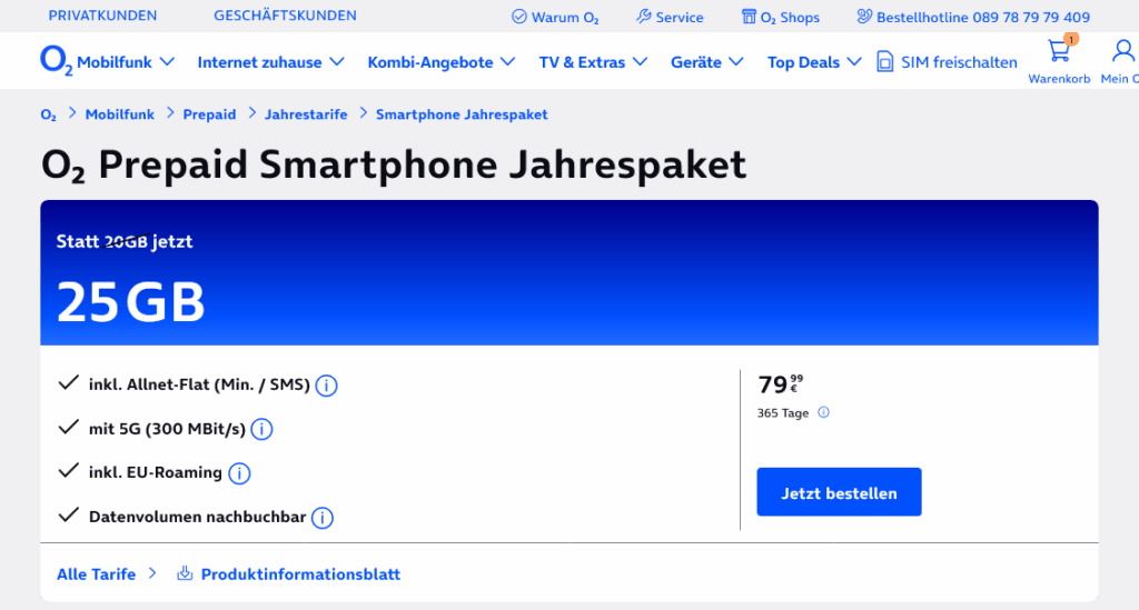 o2 Prepaid Jahrespaket für 79,99 € / 365 Tage