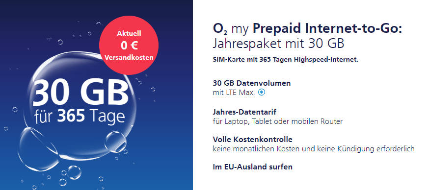 o2 Prepaid Internet-to-Go: Jahres-Datentarif mit 30 GB/365 Tage - nur 49,99 €