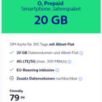 o2 Prepaid Jahrespaket: 20 GB + Allnet-Flat für nur 79,99 € / 365 Tage