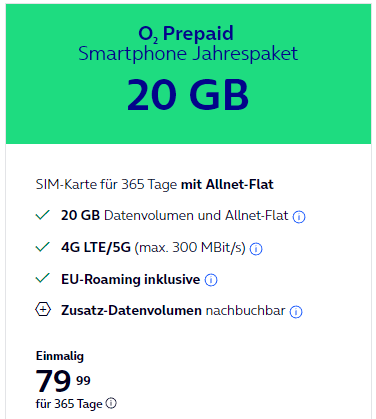 o2 Prepaid Jahrespaket: 20 GB + Allnet-Flat für nur 79,99 € / 365 Tage