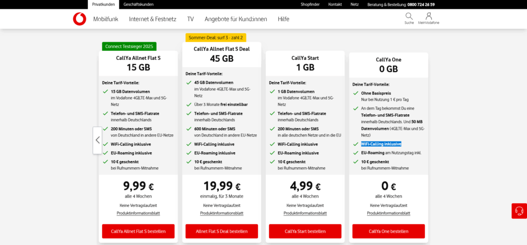 Vodafone CallYa Webseite